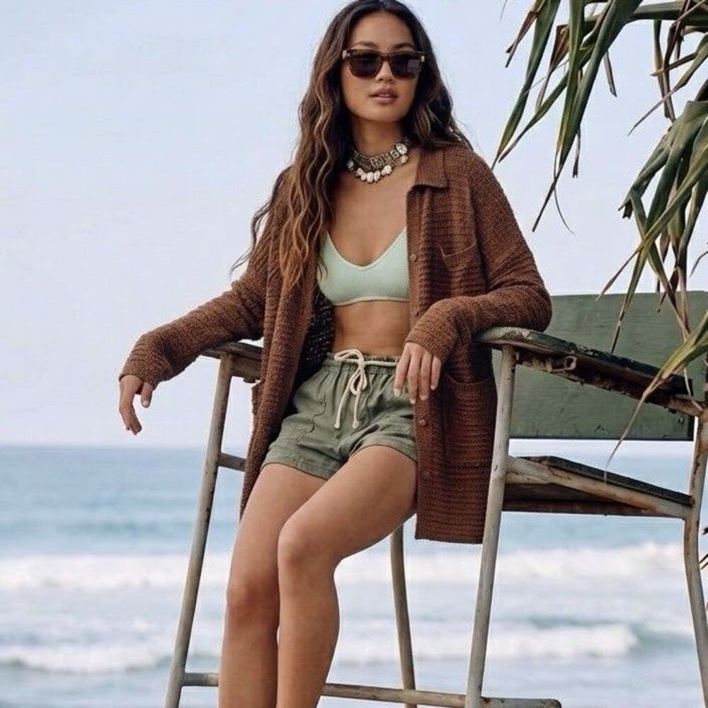 Free People FP Beach Day Dreaming Button Up Cardigan Brown L Oversized Pockets
